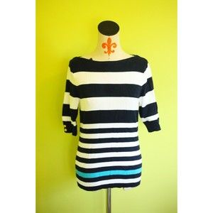 Lauren Ralph Lauren Sweater Pullover Boat Neck 3/4 2 Button Sleeve Striped